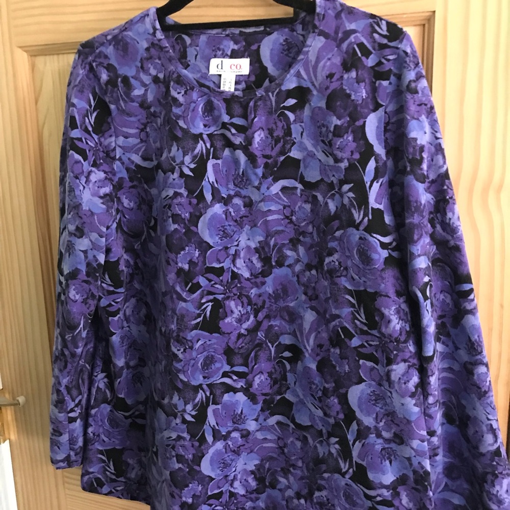 Denim & Co. Watercolor Floral Printed Long Sleeve Top in Blue Iris size Large